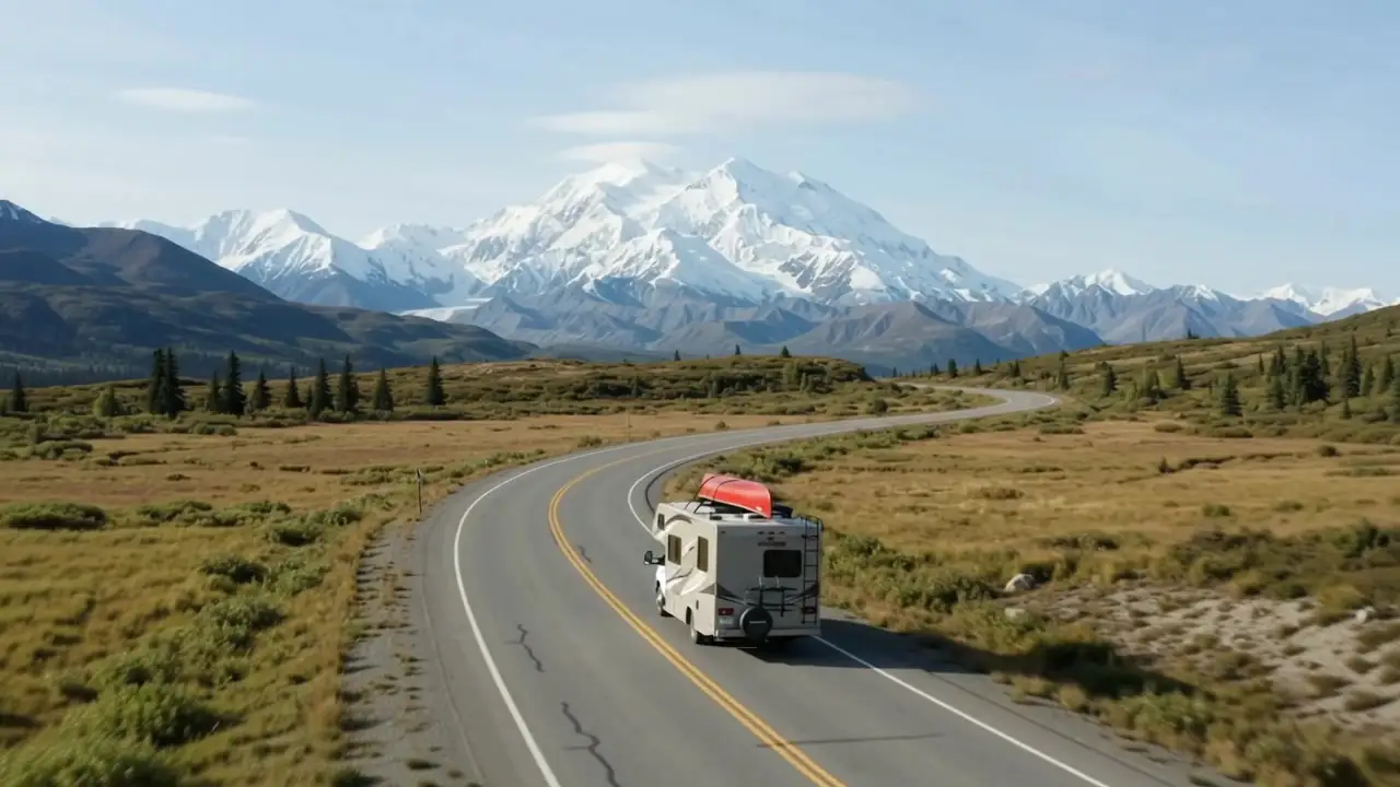A motorhome with a red canoe on the roof driving toward a massive snow-covered peak